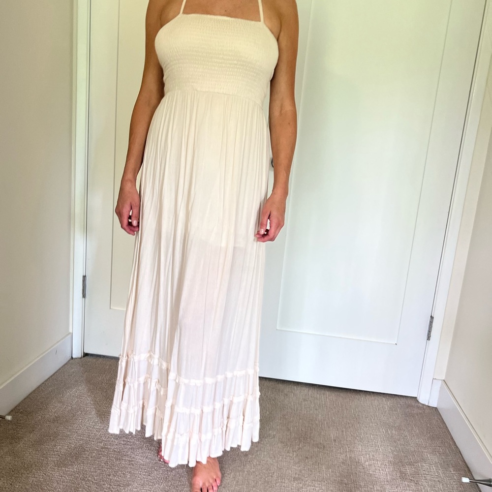 Cream smocked maxi halter dress medium